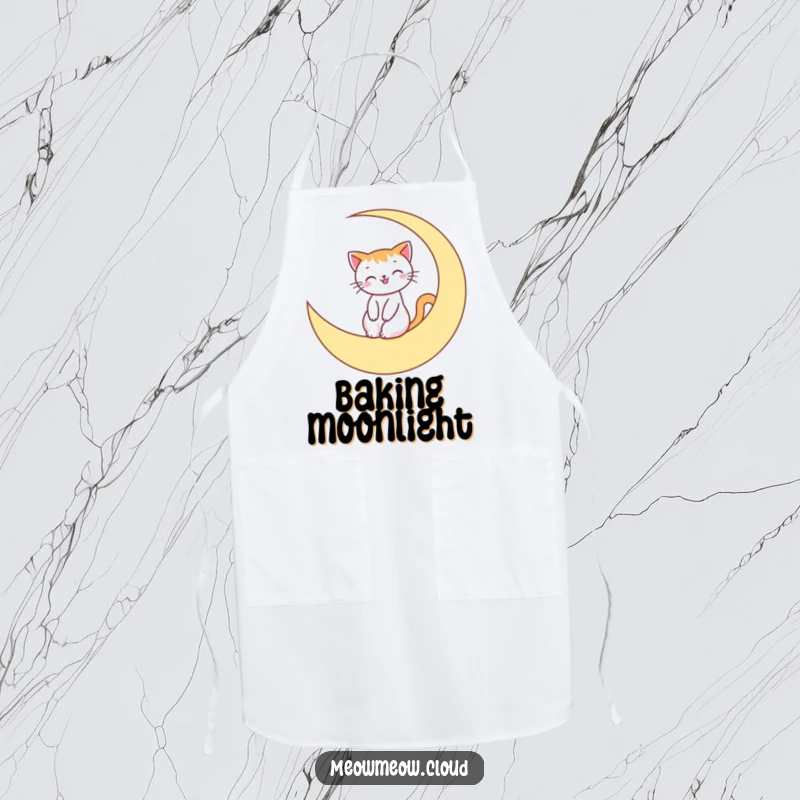 Funny Apron showcasing a smiling cat character riding a crescent moon, ideal for kitchen protection with a humorous, celestial theme.