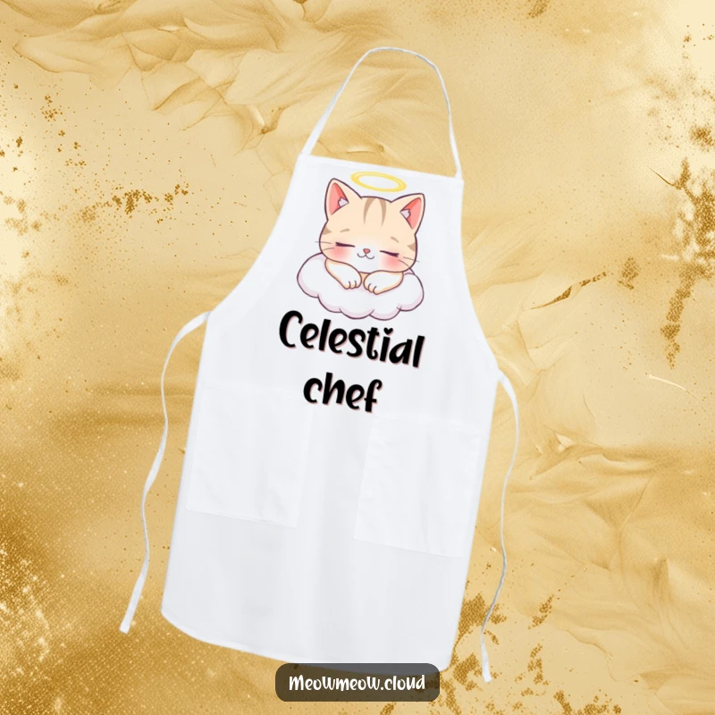 Funny apron showing a cheerful cat with a halo, napping peacefully on a cloud, for cozy kitchen moments.
