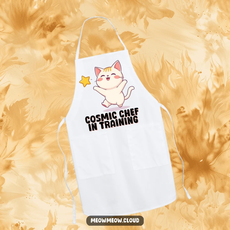 Funny apron depicting a happy cat leaping excitedly towards a glowing, twinkling star during kitchen duties.