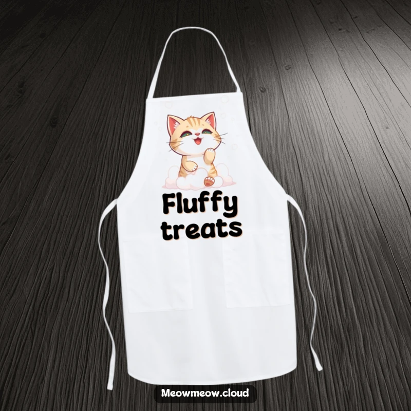 Funny cat playing with fluffy clouds on a kitchen apron, blending mischief and practicality.
