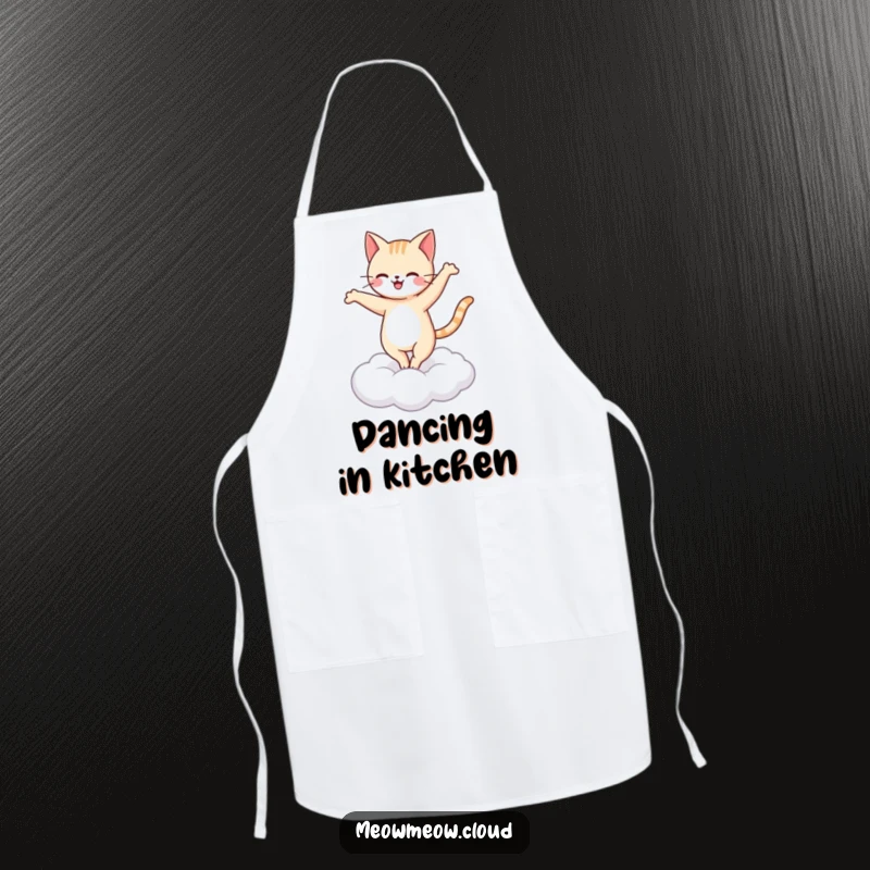 Funny happy cat ballet apron featuring a cat performing a pirouette on a cloud, adding humor to cooking.