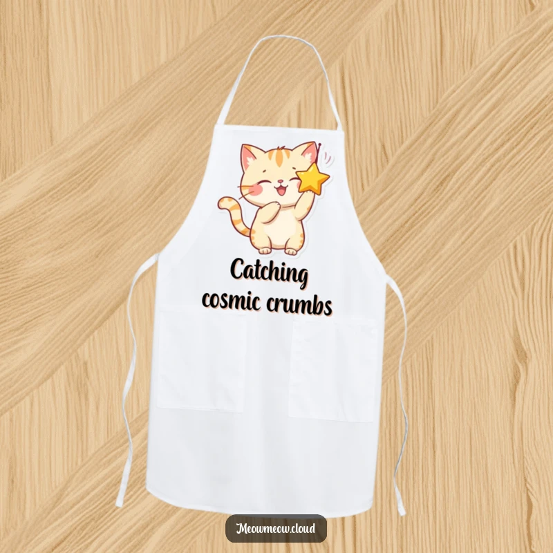 Funny apron featuring a smiling cat character playfully batting at a dangling star, adding humor to kitchen duties.