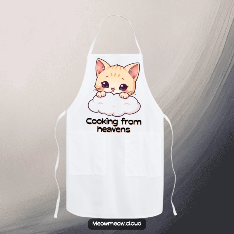 Funny cat apron showing a curious cat peeking over a cloud, adding a humorous touch to kitchen activities.