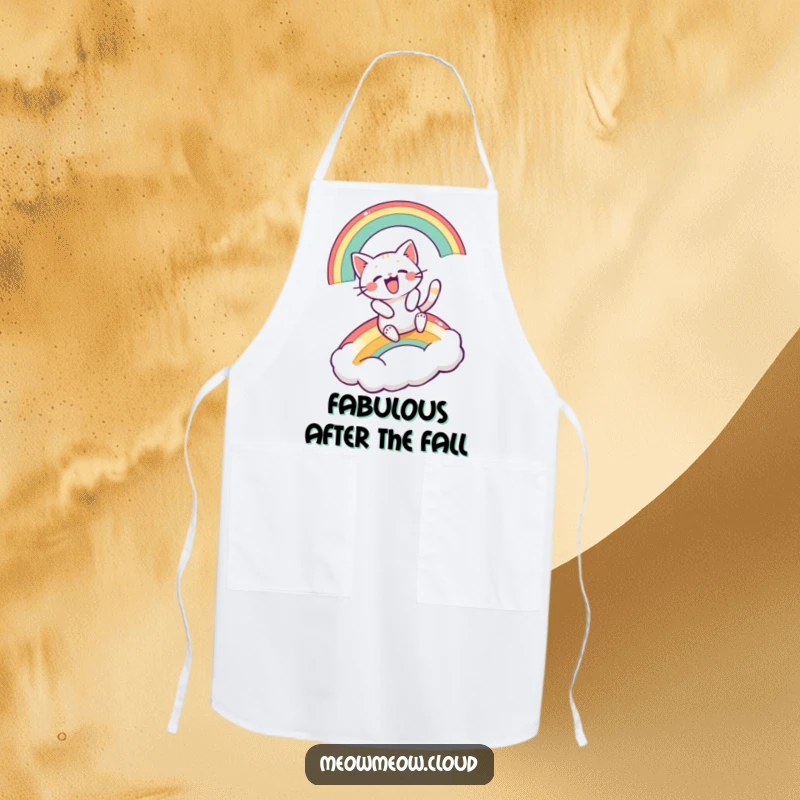 Funny apron showing an excited cartoon cat sliding down a rainbow, ready for kitchen fun.