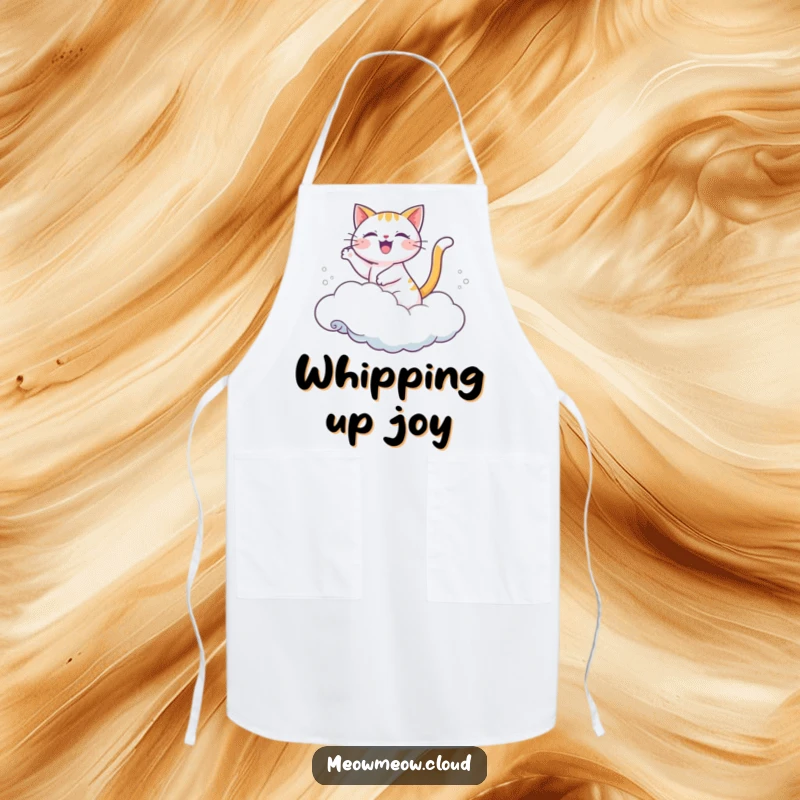 Funny apron with a joyful cartoon cat riding a cloud like a wave.