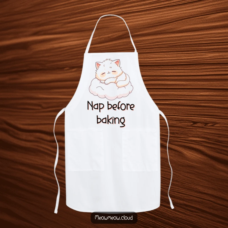 Funny fluffy cat napping on a cloud, a humorous and functional kitchen apron for relaxed cooks.