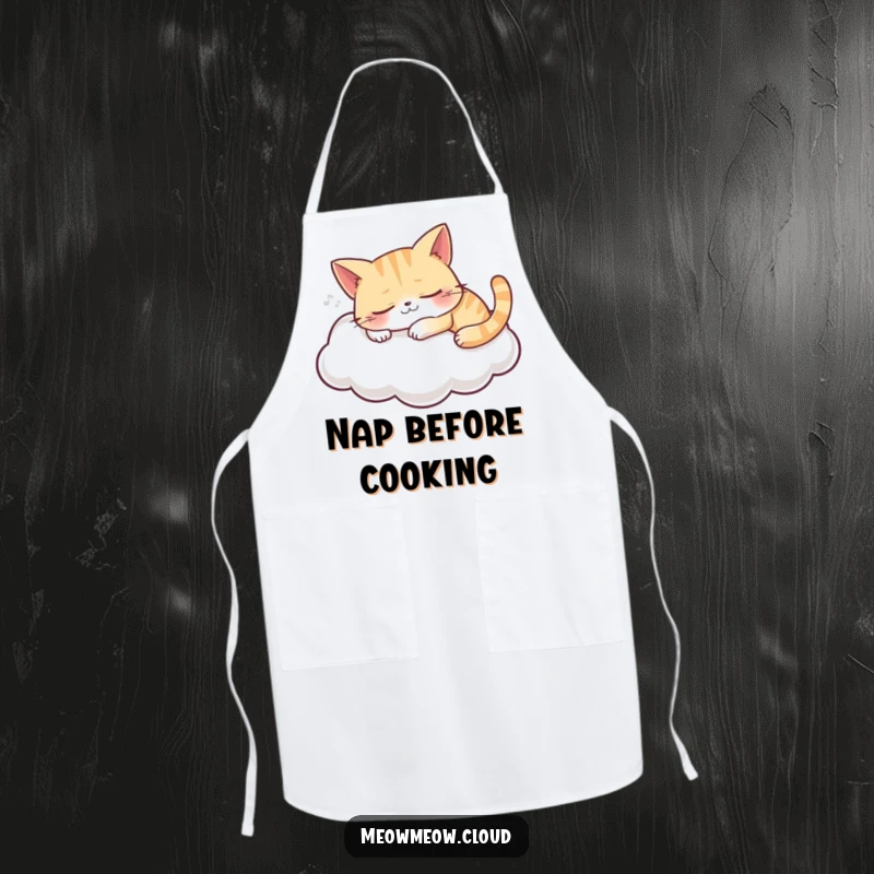 Funny apron with a grinning cat sleeping on a cloud, perfect for relaxed cooking and kitchen protection.
