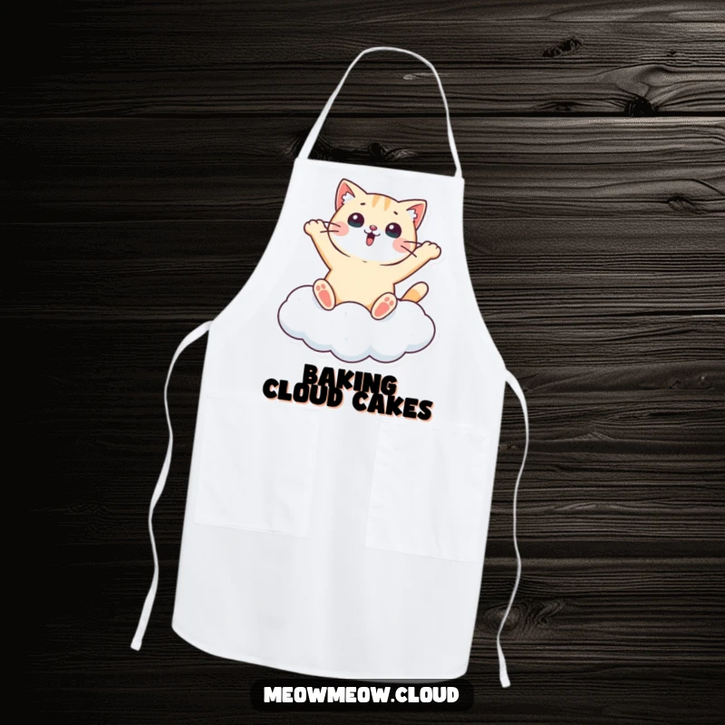 Funny kitchen apron with a surprised cat making a snow angel on a cloud, perfect for adding whimsical pet humor to cooking.