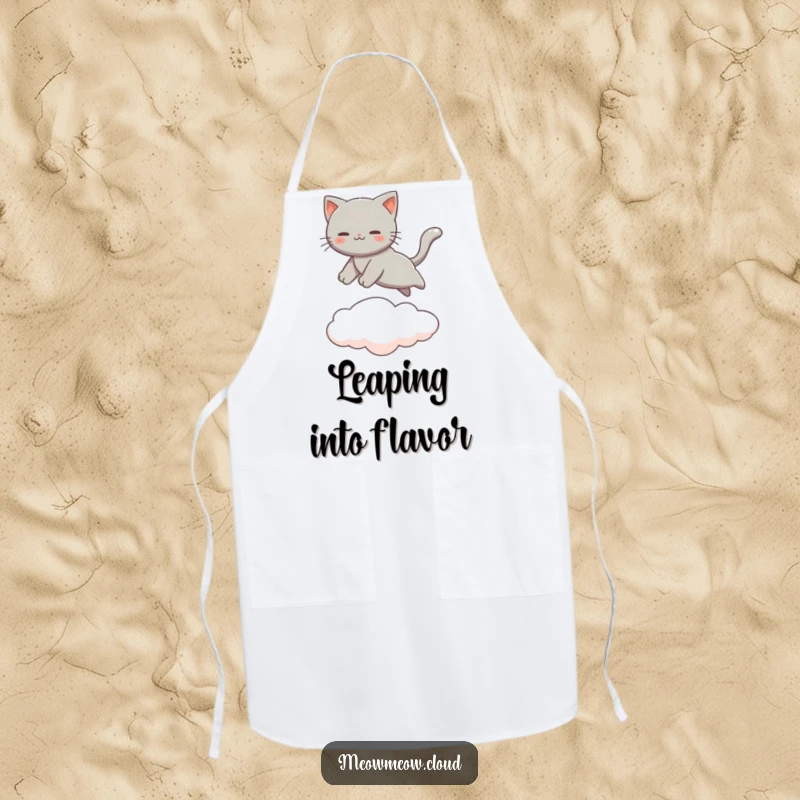 Funny Gray Cat Apron showing a cat leaping between clouds, ready for kitchen adventures. Protective and stylish cooking wear.