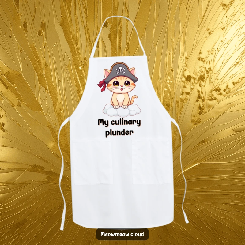 Funny pirate cat apron, cat chef in pirate gear on a cloud island, humorous and protective kitchen wear for culinary adventurers.