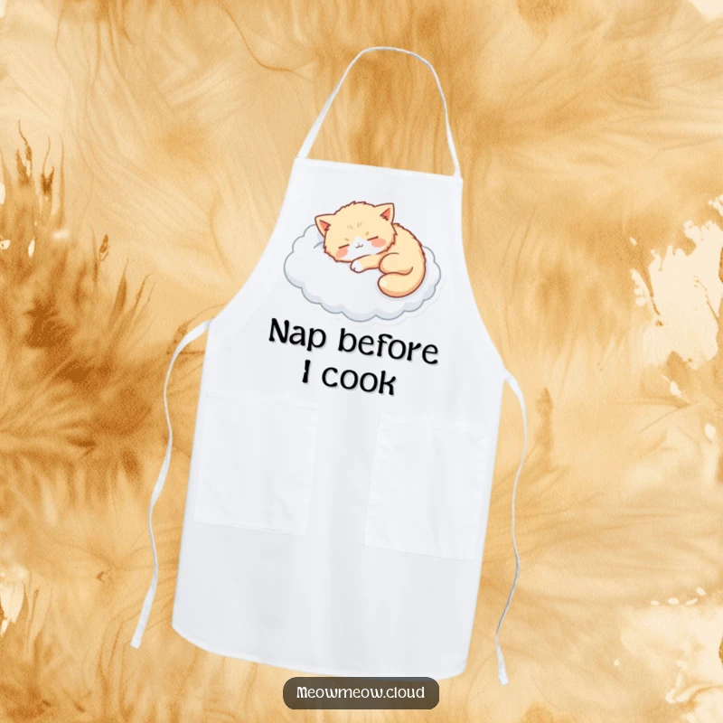 Funny apron with a fluffy cat napping on a cloud, designed for a relaxed and cute kitchen vibe.