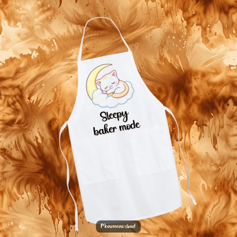 Funny sleepy cat apron featuring a cat sleeping inside a crescent moon cloud, adding humor to cooking.