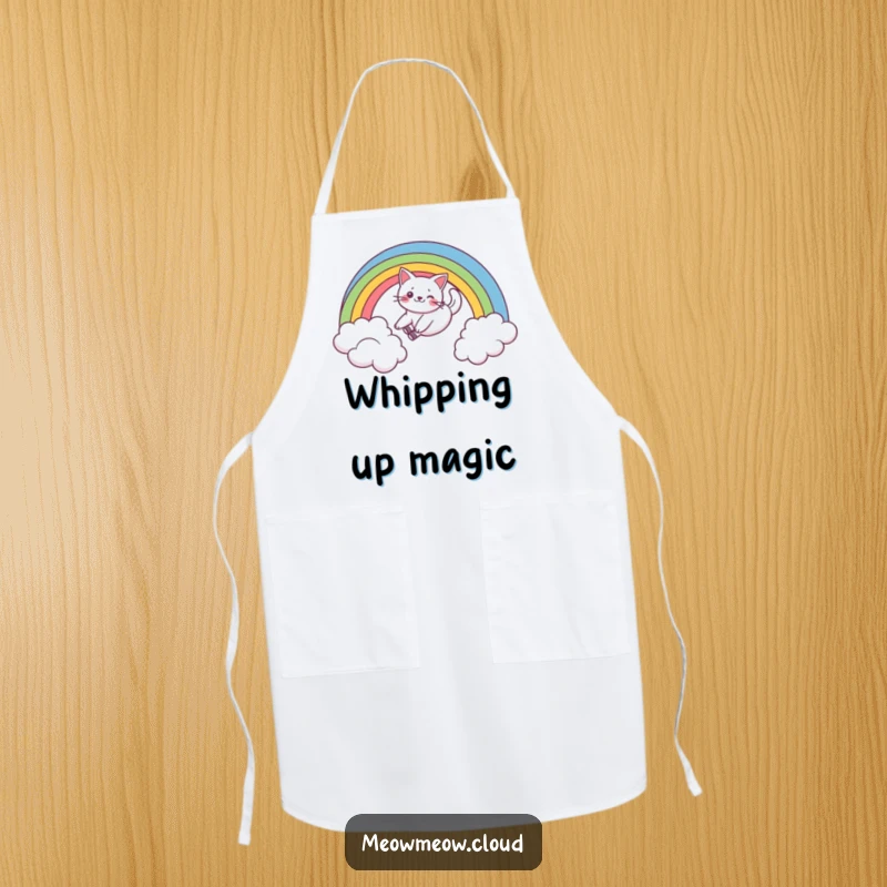 Funny apron with a playful cat sliding down a rainbow above a cloud, ideal for cheerful cooking and kitchen protection.