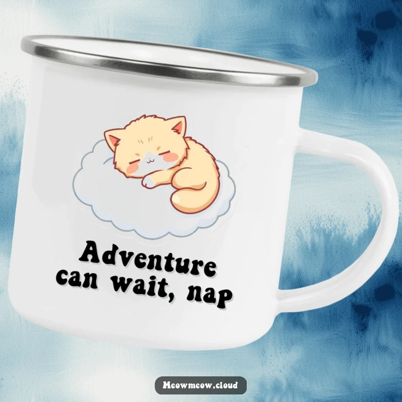 Funny camping mug featuring a fluffy cat napping on a cloud, ideal for relaxation and outdoor lovers.
