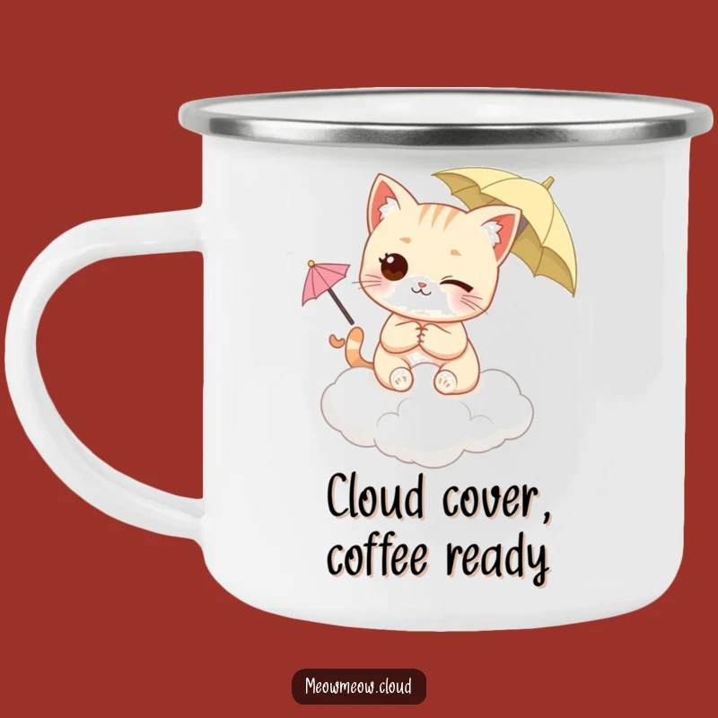 Funny Winking Cat Camping Mug - Cloud & Umbrella Camp Gift