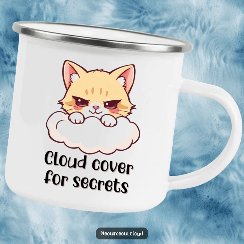 Funny camping mug with a mischievous cartoon cat peeking from behind a fluffy cloud.