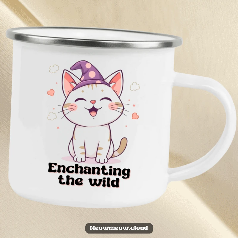 Funny wizard cat camping mug, rugged mug with a cat wizard casting cloud confetti, ideal for magical outdoor experiences.