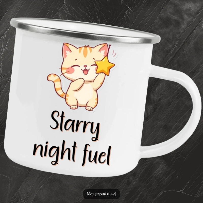 Funny camping mug featuring a smiling cat character playfully batting at a dangling star, perfect for outdoor adventures.