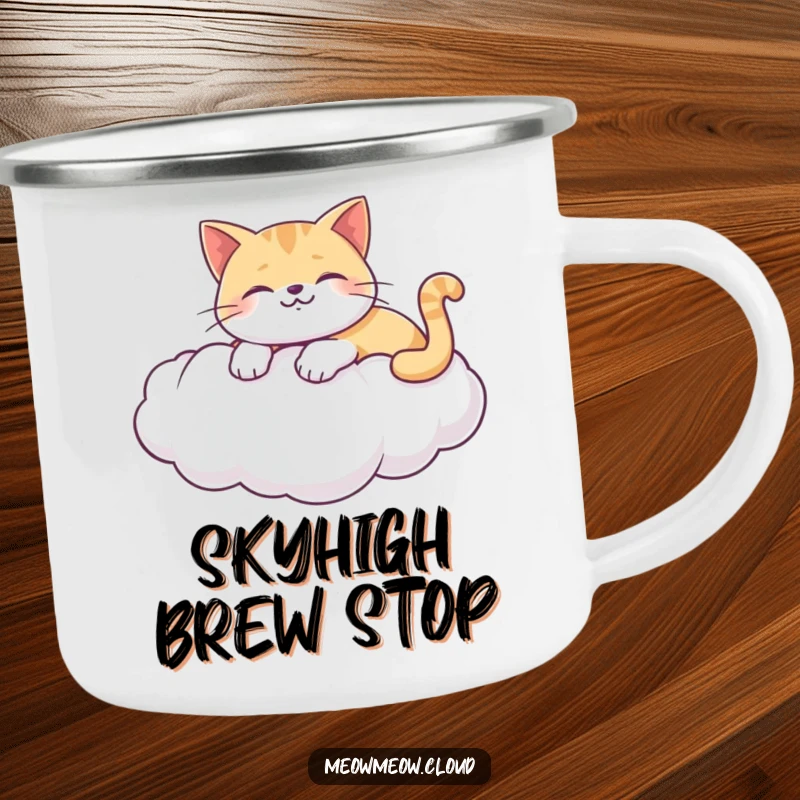 Funny camping mug with a happy cat lounging on a puffy white cloud, perfect for relaxing outdoor adventures.