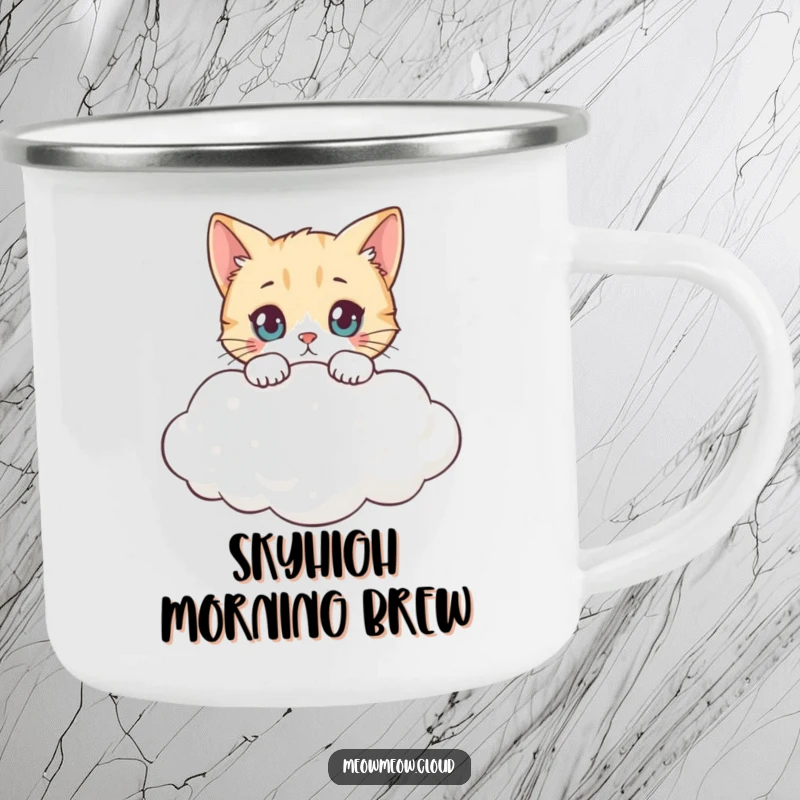 Funny curious cat peeking over a cloud, a rugged camping mug for whimsical adventures and funny gifts.