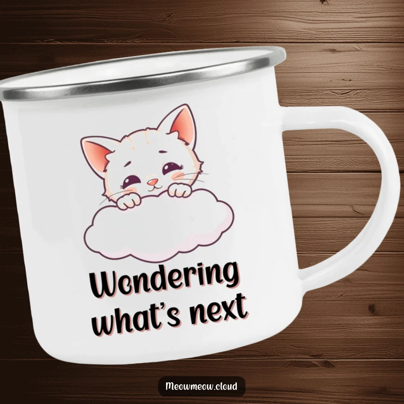Funny camping mug featuring a curious cat peeking over a cloud, ideal for adventurers and cat lovers.