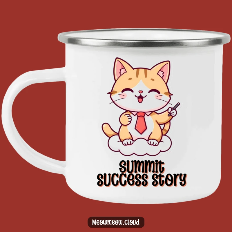 Funny Cat Presenter Camping Mug: Durable, cloud feline mug, funny gift.