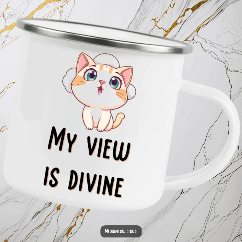 Funny curious cat on a cloud, eyes wide in amazement, a durable and humorous camping mug for a funny gift.