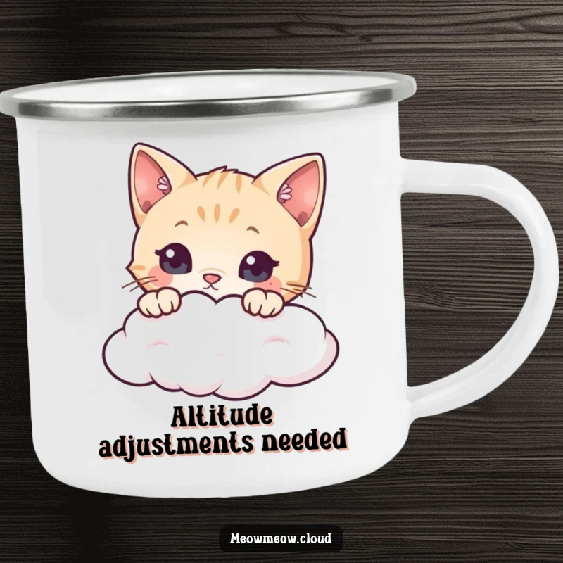 Funny cat camping mug showcasing a curious cat peering over a cloud, ideal for outdoor adventures and hot beverages.