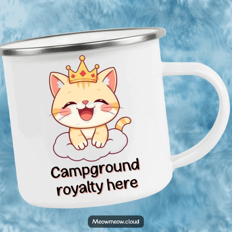 Funny cat camping mug with a happy cat wearing a crown on a cloud, celebrating outdoor adventures with royal flair.