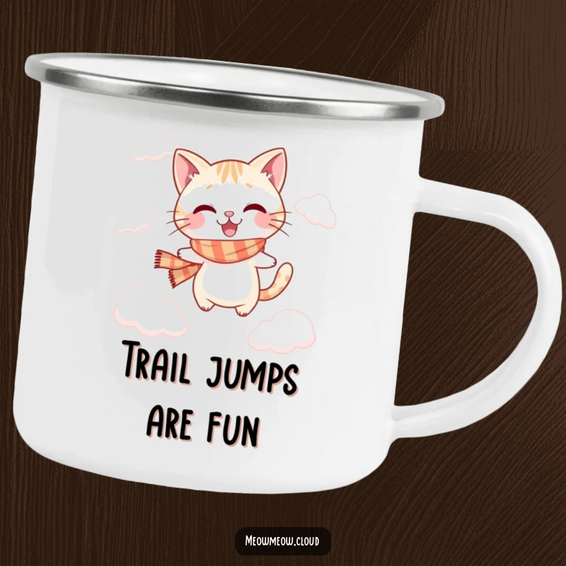 Funny jumping cat camping mug with a playful cat in a scarf, leaping between soft clouds.