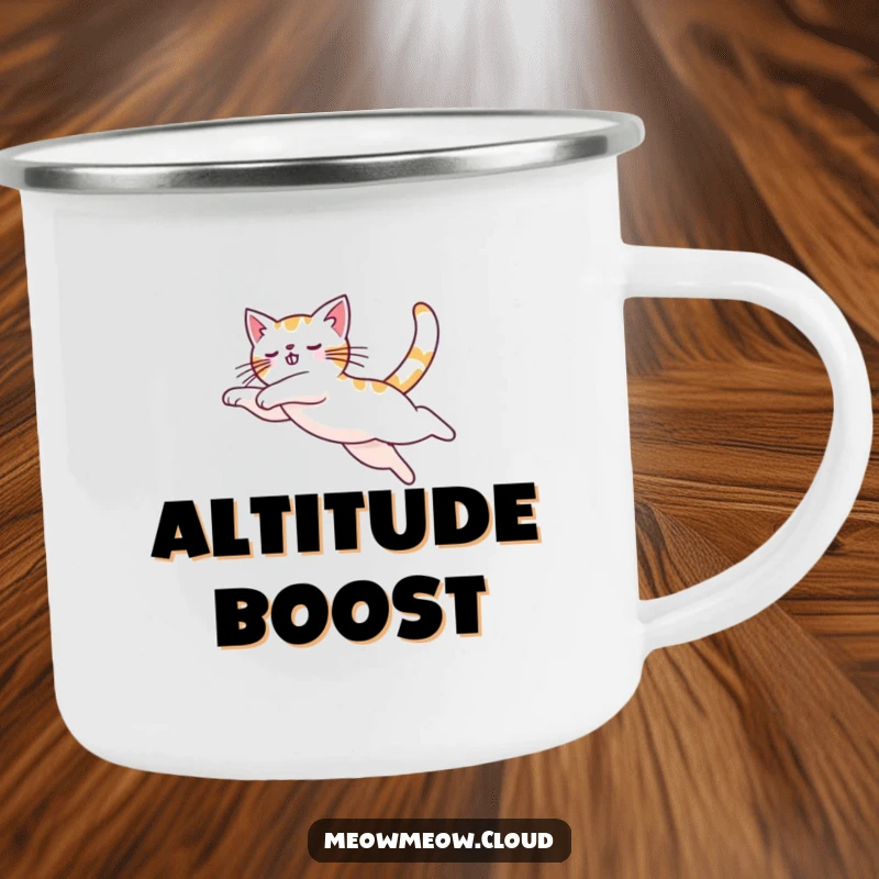Funny leaping cat design on a durable camping mug, perfect for bringing energy to outdoor activities.