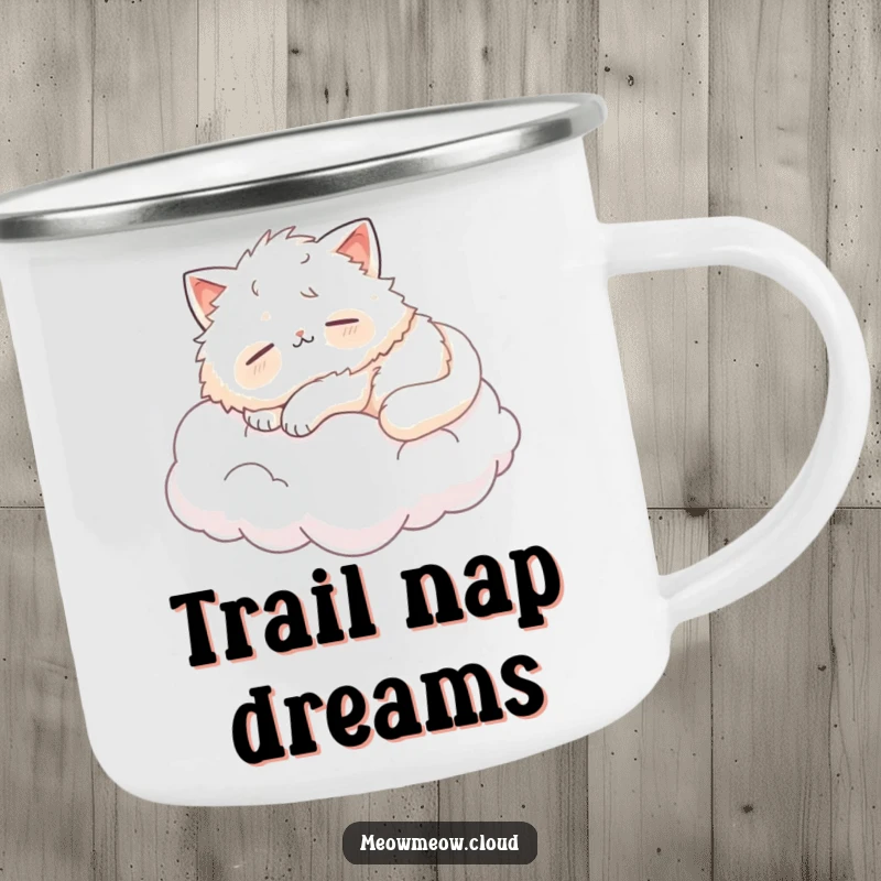 Funny fluffy cat napping on a cloud, a durable and humorous camping mug for outdoor relaxation.