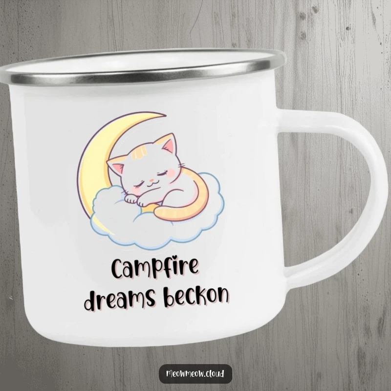 Funny sleepy cat camping mug showing a cat sleeping inside a crescent moon cloud, for cozy outdoor nights.