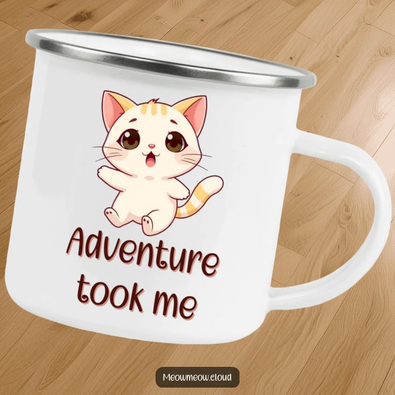 Funny surprised cat camping mug showing a cat being carried by a friendly wind gust, for outdoor fun.