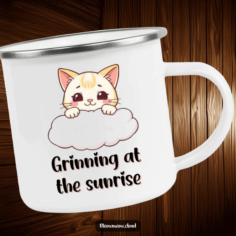 Funny camping mug with a cheeky cartoon cat peeking over a cloud, grinning.