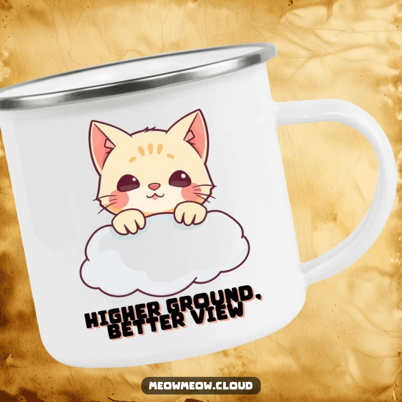Funny camping mug with a mischievous cat peeking over a cloud, perfect for outdoor adventures and warm drinks.