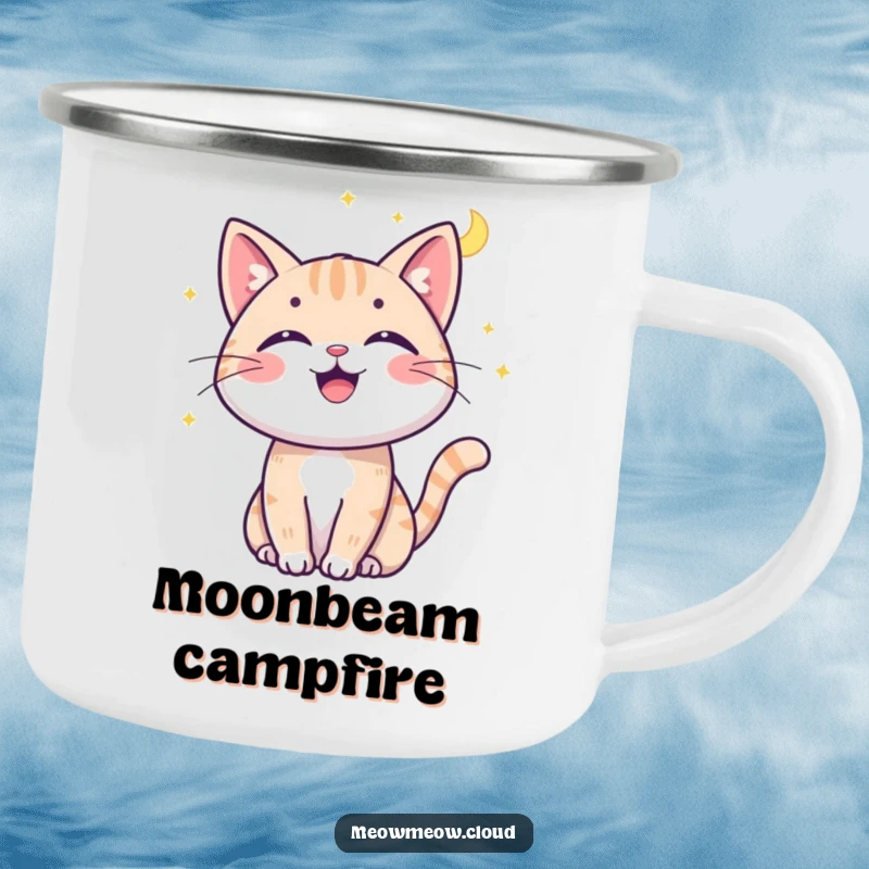 Funny cat moonbeam camping mug with a cheerful cat batting at a moonbeam, perfect for starry night adventures.