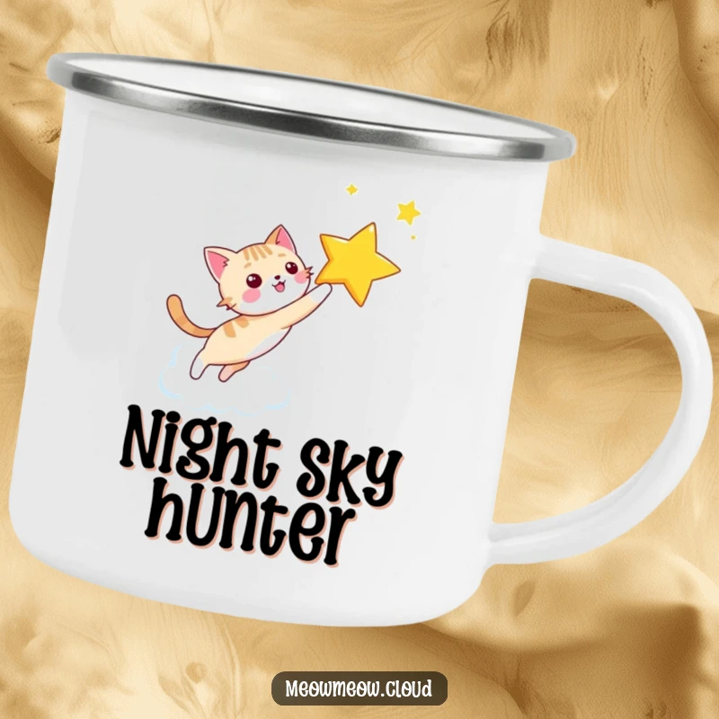 Funny happy cat chasing a star on a cloud sky, depicted on a rustic camping mug for adventurous dreams.