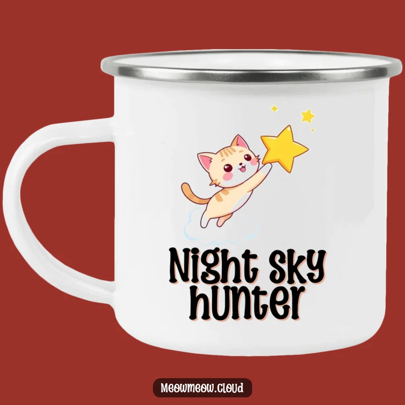 Funny Star Chasing Cat Campfire Mug: Happy Kitty Gift for Outdoor Dreamers
