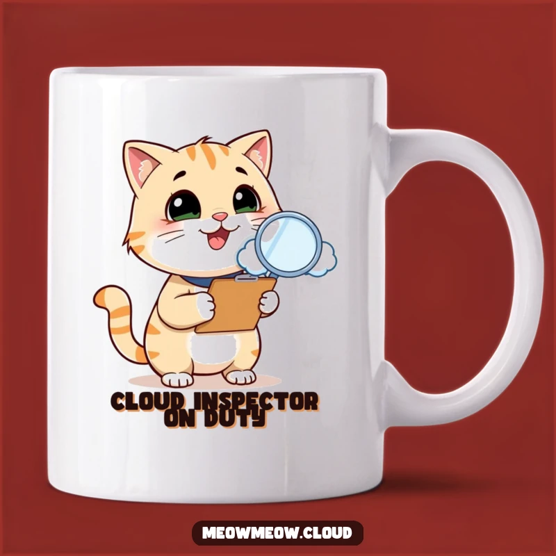 Funny Cat Inspector Mug: Cloud-inspecting feline, perfect funny gift.