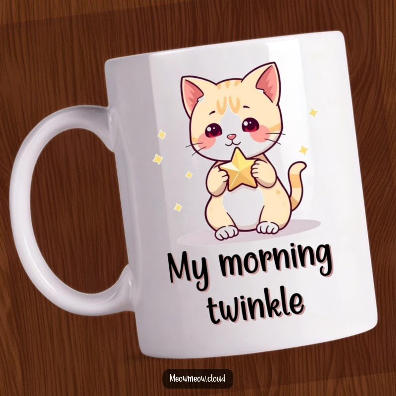 Funny Mug featuring a cute, playful cat character reaching out to bat at a sparkling, magical star in a whimsical, starry night scene.