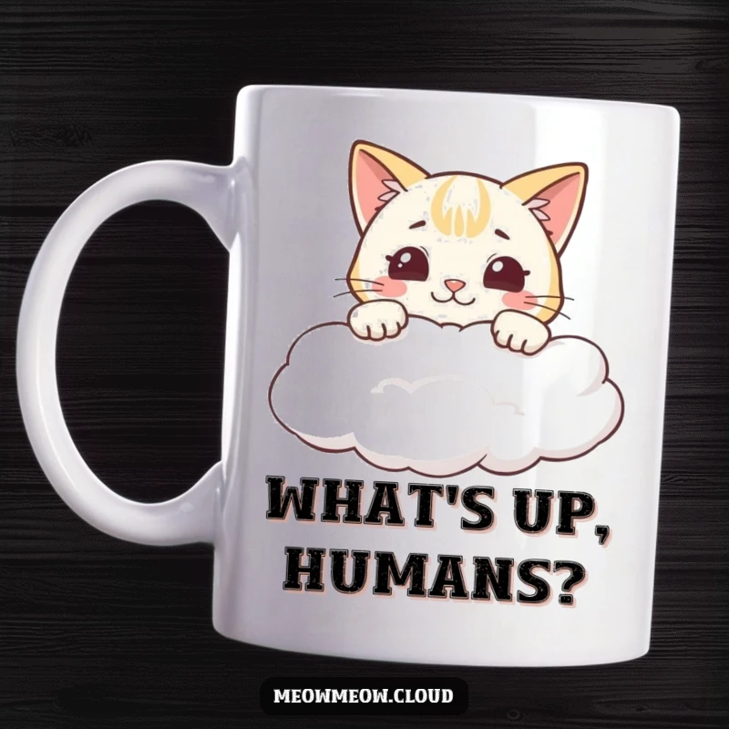 Funny mug showing a cheeky cartoon cat peeking over a cloud with a wide, mischievous grin.