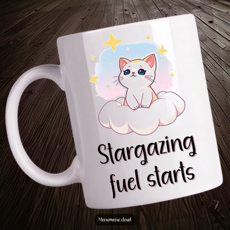 Funny mug featuring a dreamy cat character gazing at stars from a cozy cloud perch, perfect for celestial enthusiasts.