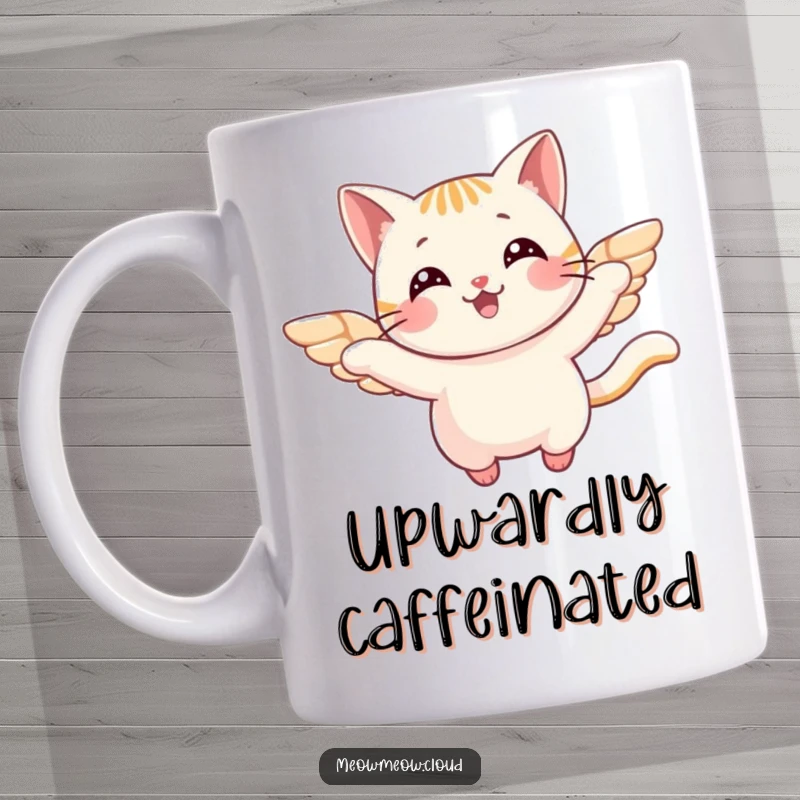 Funny Mug featuring a cheerful cat character with small, delicate wings, joyfully soaring through the air with a happy expression.
