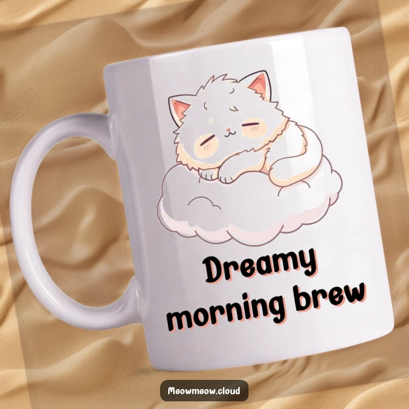 Funny fluffy cat character blissfully napping while floating on a soft cloud, embodying peaceful slumber.