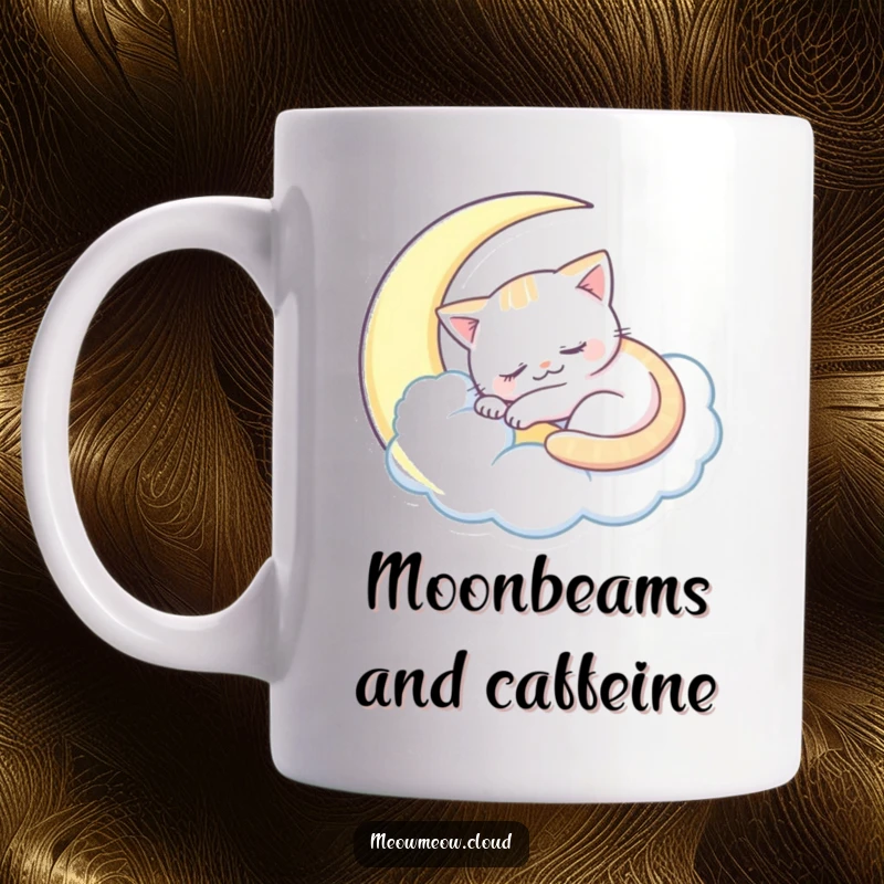 Funny sleepy cat mug featuring a cat curled up cozily inside a cloud shaped like a crescent moon.
