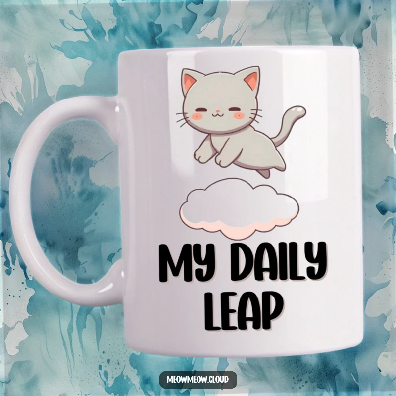 Funny Gray Cat Leaping Mug, depicted mid-air as it gracefully jumps from one fluffy cloud to another. Dynamic feline artwork.