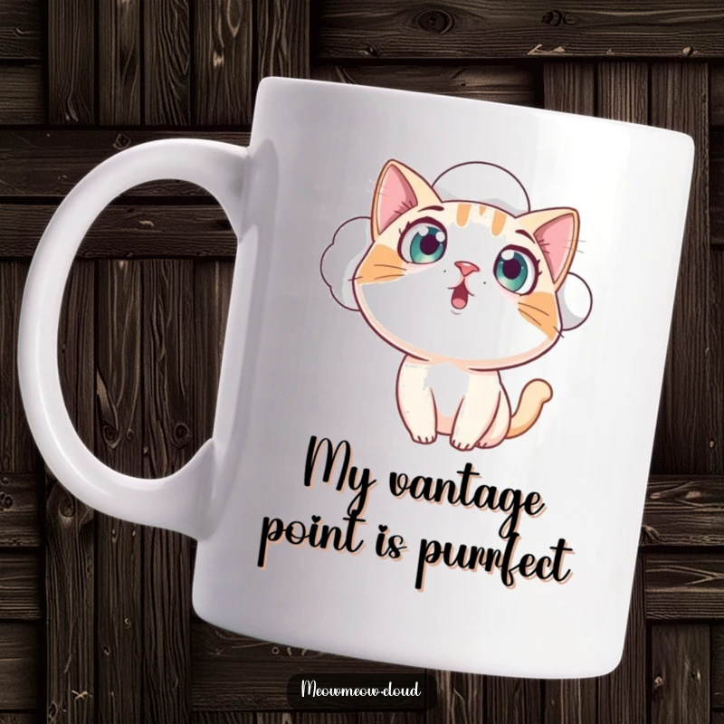 Funny curious cat peering from a cloud, eyes wide with amazement and wonder, perfect for a humorous gift.