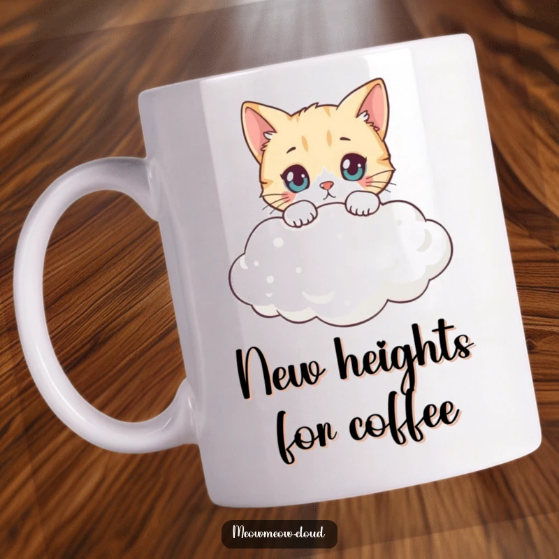 Funny curious cat peeking over a fluffy cloud edge, a whimsical and humorous mug, perfect for a funny gift.