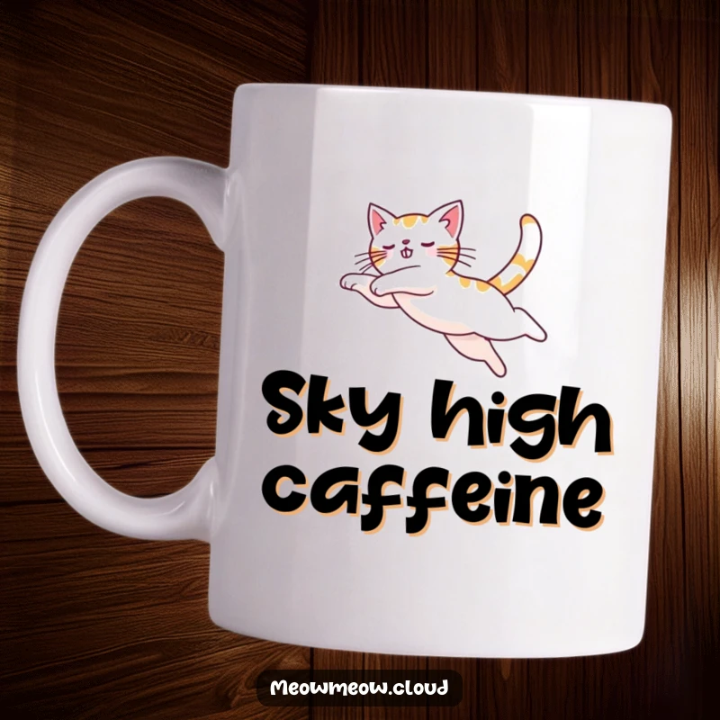 Funny cat performing a graceful arc leap in the sky, captured on a ceramic mug, ideal for dynamic gift giving.